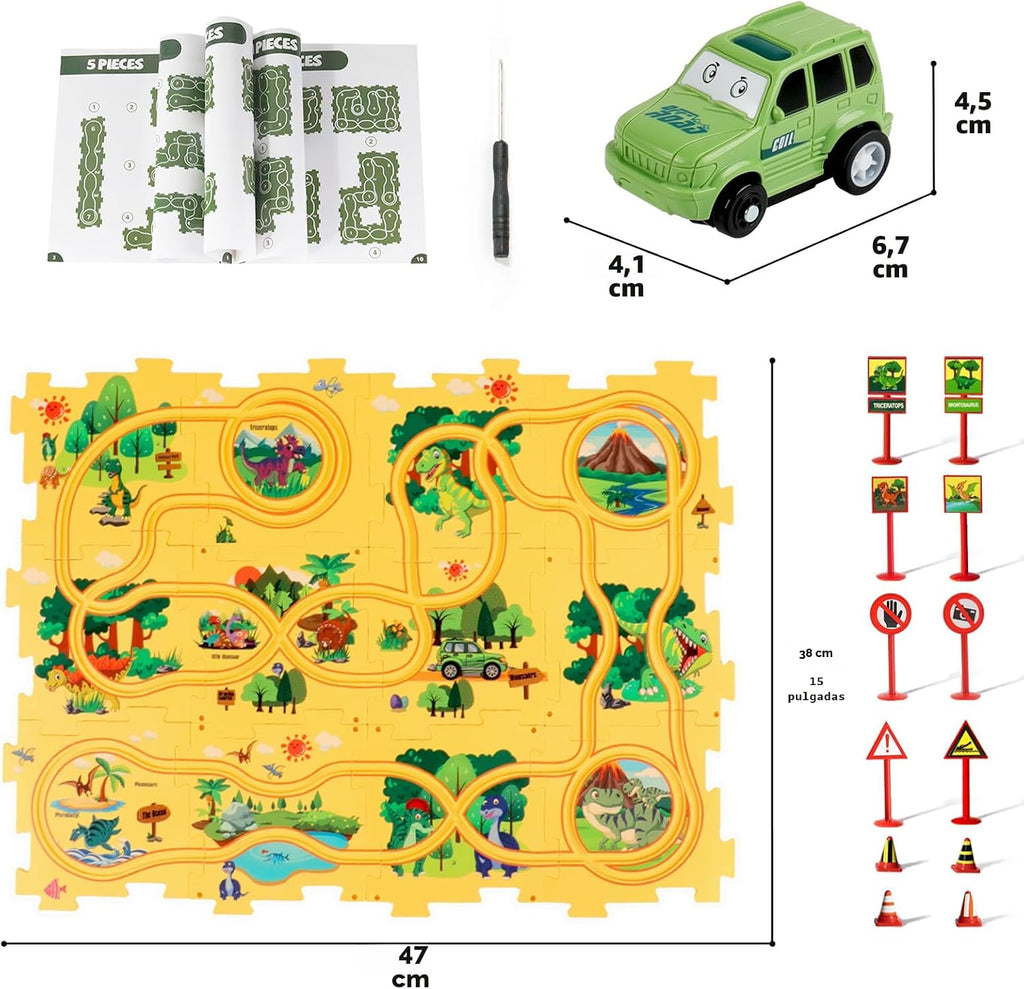 Set de Juego con Rompecabezas de Dinosaurio de Plástico y Pista de Coches para Niños de 3, 4 y 5 Años