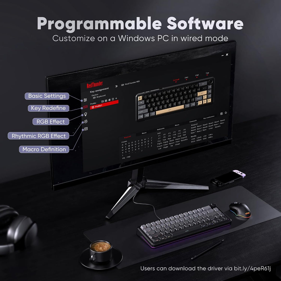 Teclado mecánico inalámbrico para juegos RedThunder K65, conexión d...