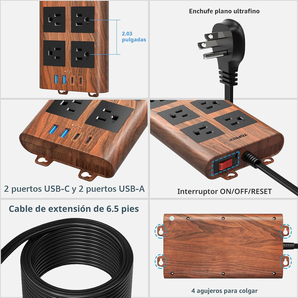 Regleta de protección contra sobretensiones (2100J), 6 tomas de corriente ampliamente espaciadas con 2 USB-C y 2 USB-A, cable de extensión de 6.5 pies con enchufe plano ultrafino, regleta de