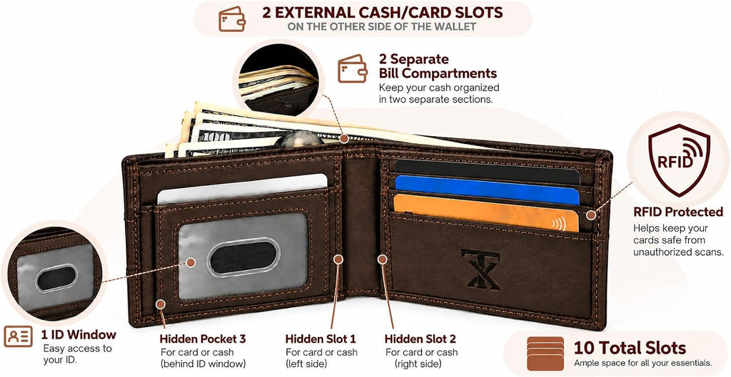 Cartera Bifold de Cuero para Hombres, Bloqueo RFID, Ranura para Tracker (Café Vintage)