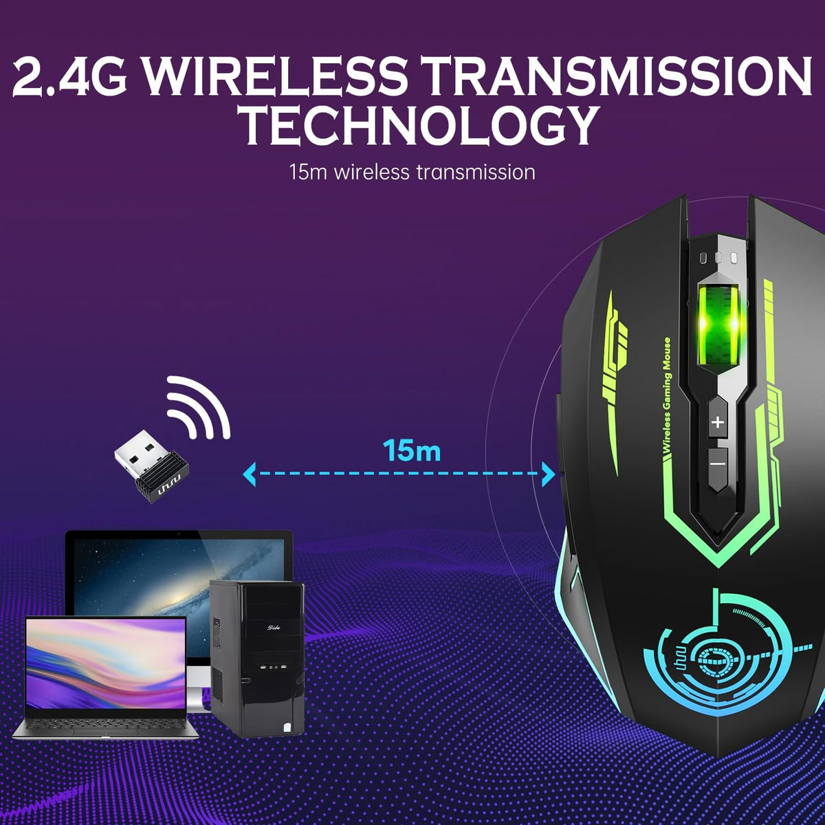 Wireless USB Gaming Mouse, recargables uhuru 5 botones 7 Changeable LED Color ergonómico programable MMO RPG para PC computadora Portátil gaming jugadores