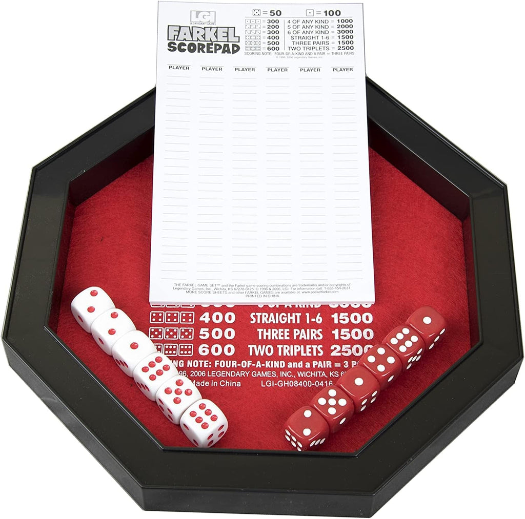 Farkel Juego con bandeja rodante de dados de lujo, canal integrado de recolección de dados, 2 juegos de dados, marcador de 40 hojas, juego familiar clásico