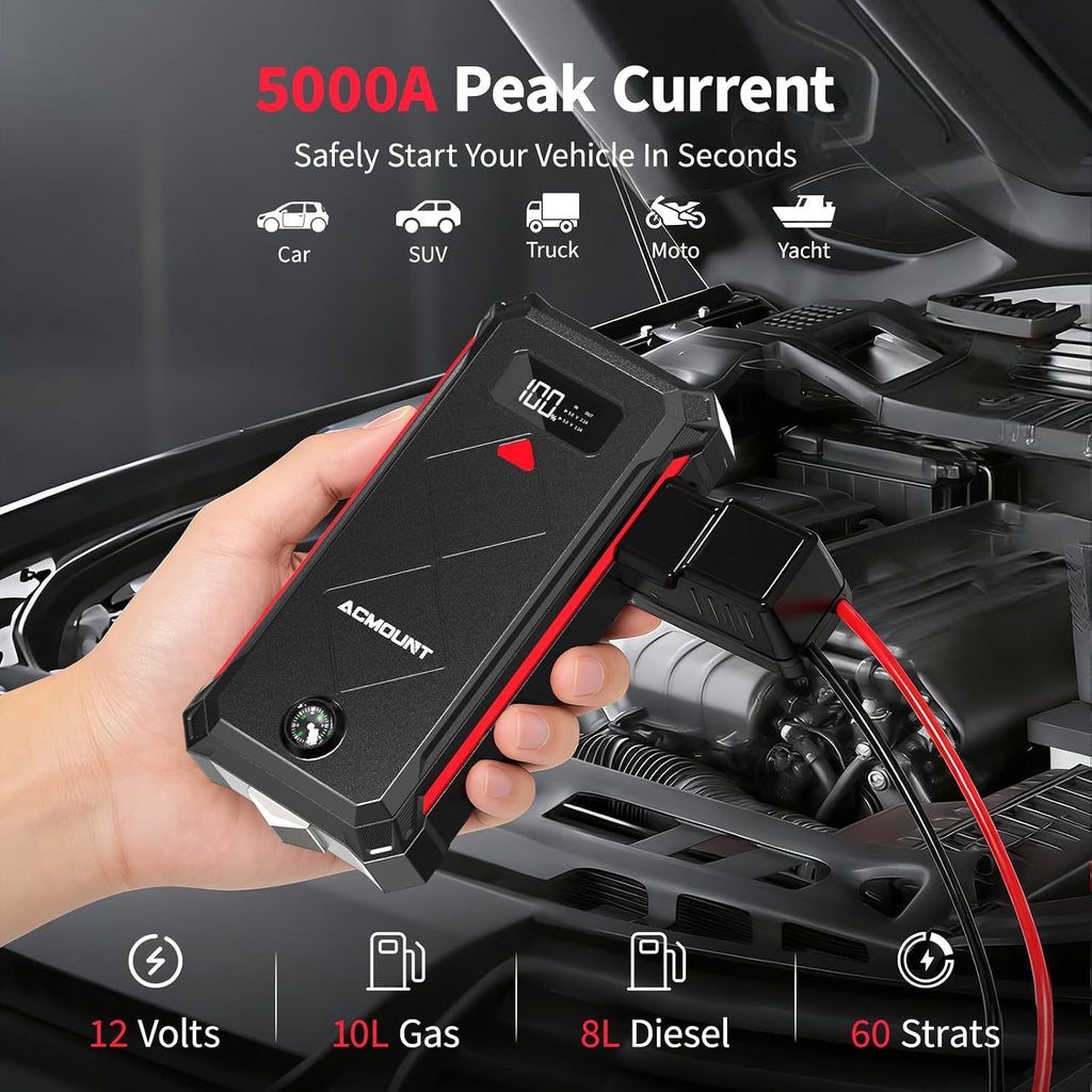 Acmount P100 - Arrancador de auto P100, paquete de batería de arranque de litio de pico de 5000 A para hasta 10.0 L de gas o 8.0 L de motor diésel, paquete de batería portátil de 12 V seguro con