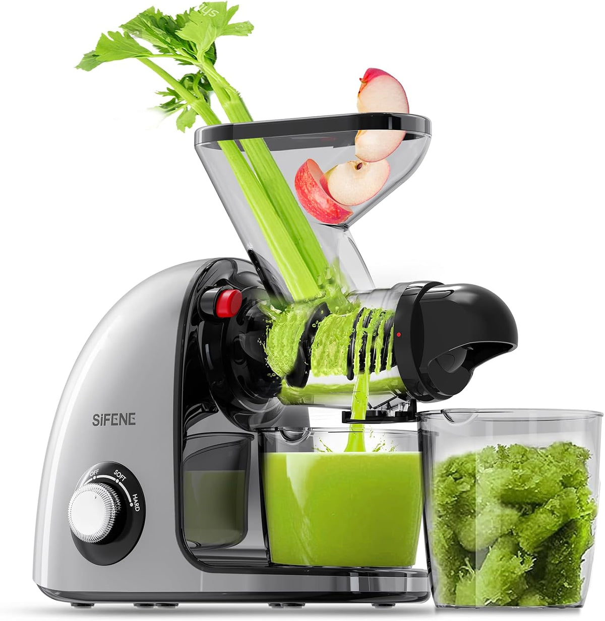 SIFENE Exprimidor Compacto de Prensado en Frío, Tolva de Doble Alimentación, Motor de 150W, Gris