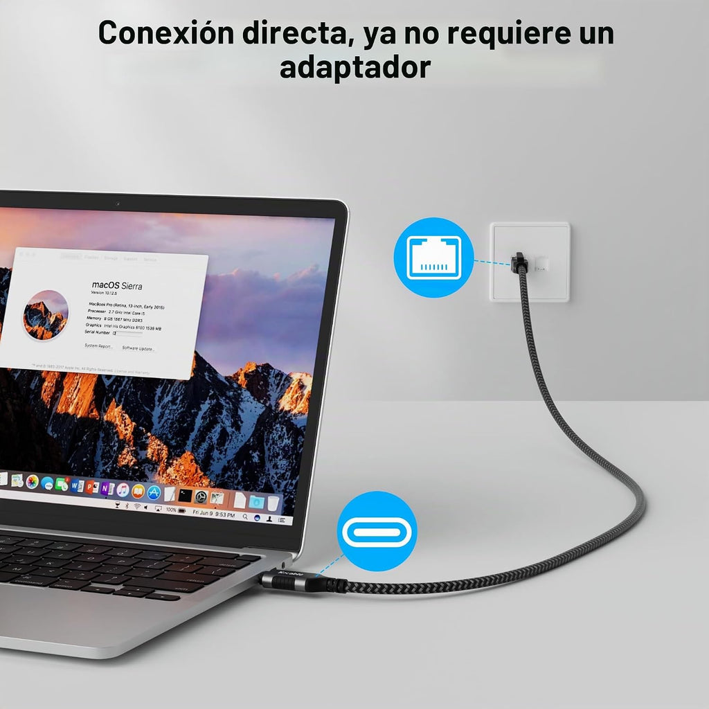 Cable USB C Ethernet de 10 pies, cable USB-C RJ45 Gigabit conectado