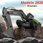 Excavadora RC para adultos Huina 1593 Totalmente funcional Juguete 1:14 28 canales Control remoto Camión Construcción Vehículo Cubo Metal Luces LED Simulación Sonidos 2 Baterías y Pinza Modelo 2026