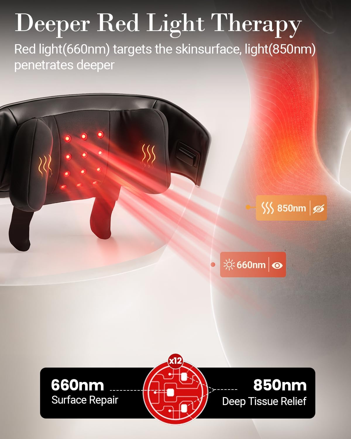 Masajeador de cuello ligero rojo inalámbrico con calor, 660nm y