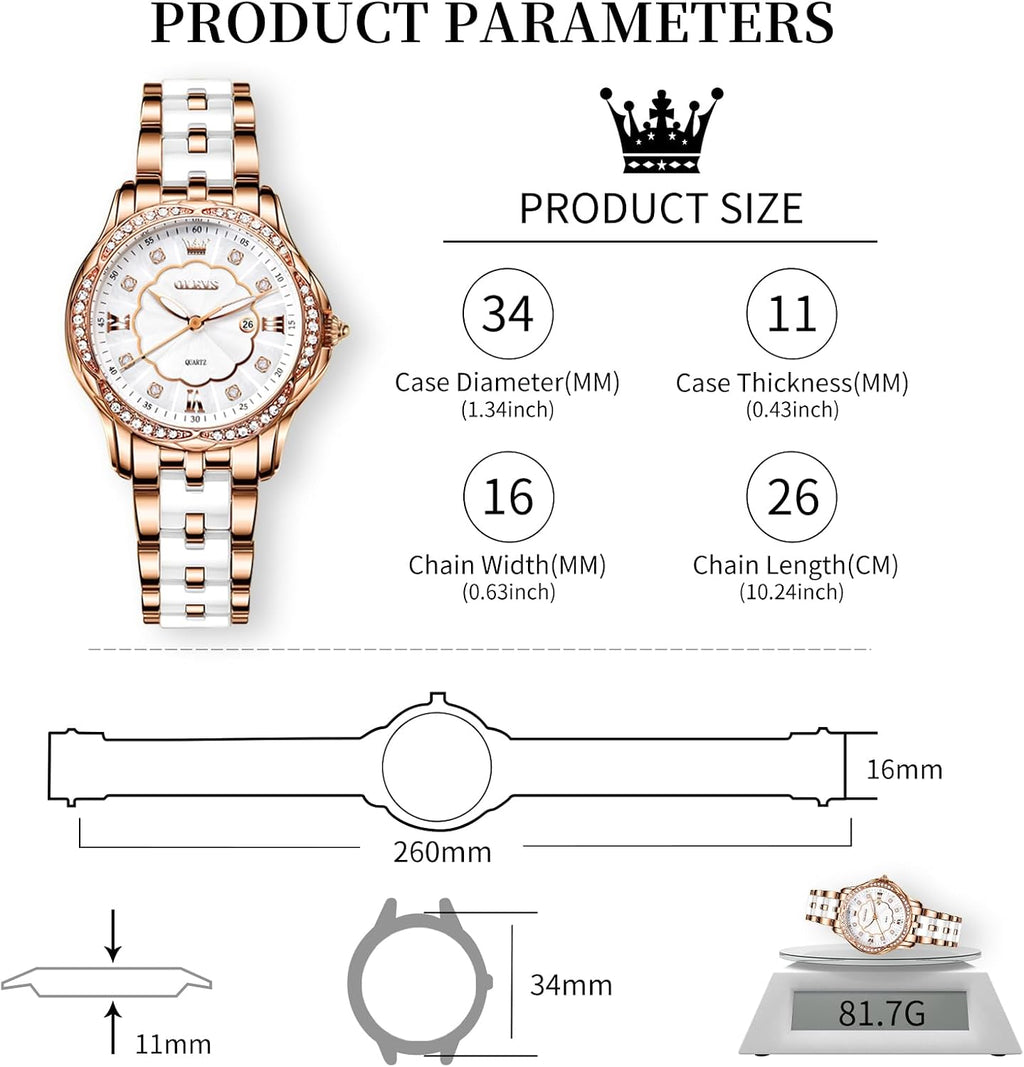 OLEVS Relojes de cerámica de lujo para mujer, reloj de oro rosa con diamantes brillantes para mujer, resistente al agua, analógico, de cuarzo, relojes para mujer