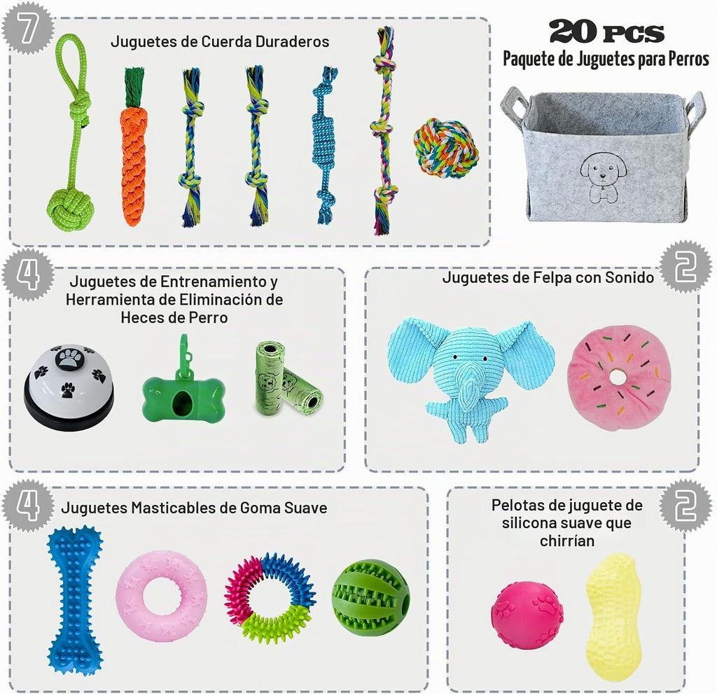 20 Unidades Juguetes para Cachorros para la Dentición, Juguetes para Masticar con Cuerda, Cepillo Dental para Perros, Pelotas para Golosinas, Juguetes de Peluche y Juguete Chirriante para Perros Pequeños y Medianos con Canasta (20 Paquete Elefante)