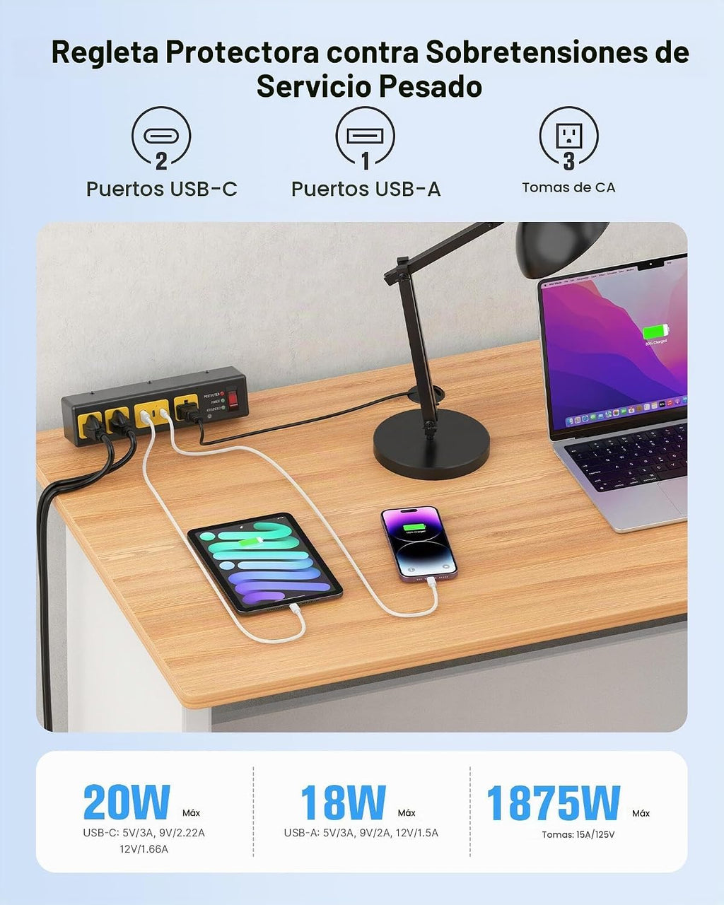 Protector de sobretensiones de abrazadera de escritorio USB