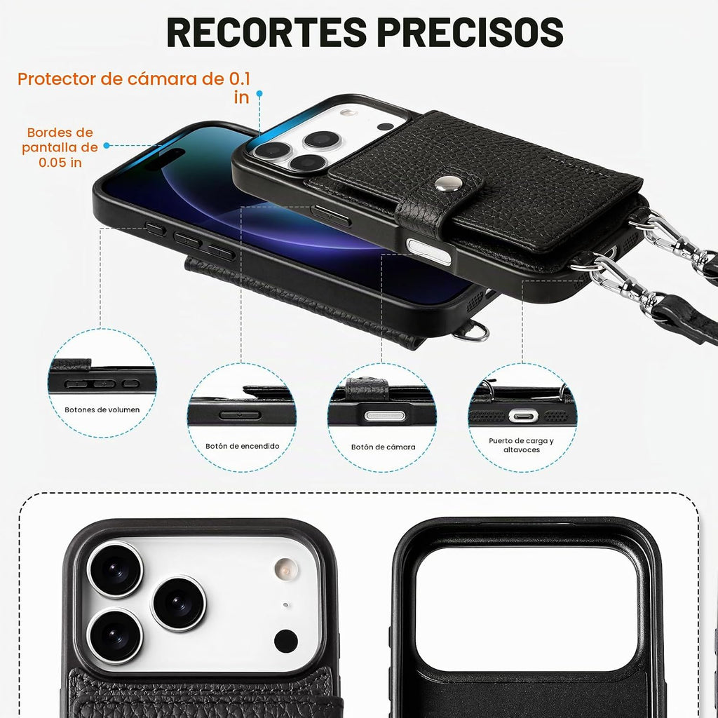 Funda de cuero Crossbody Wallet para iPhone 17 Pro - Negro