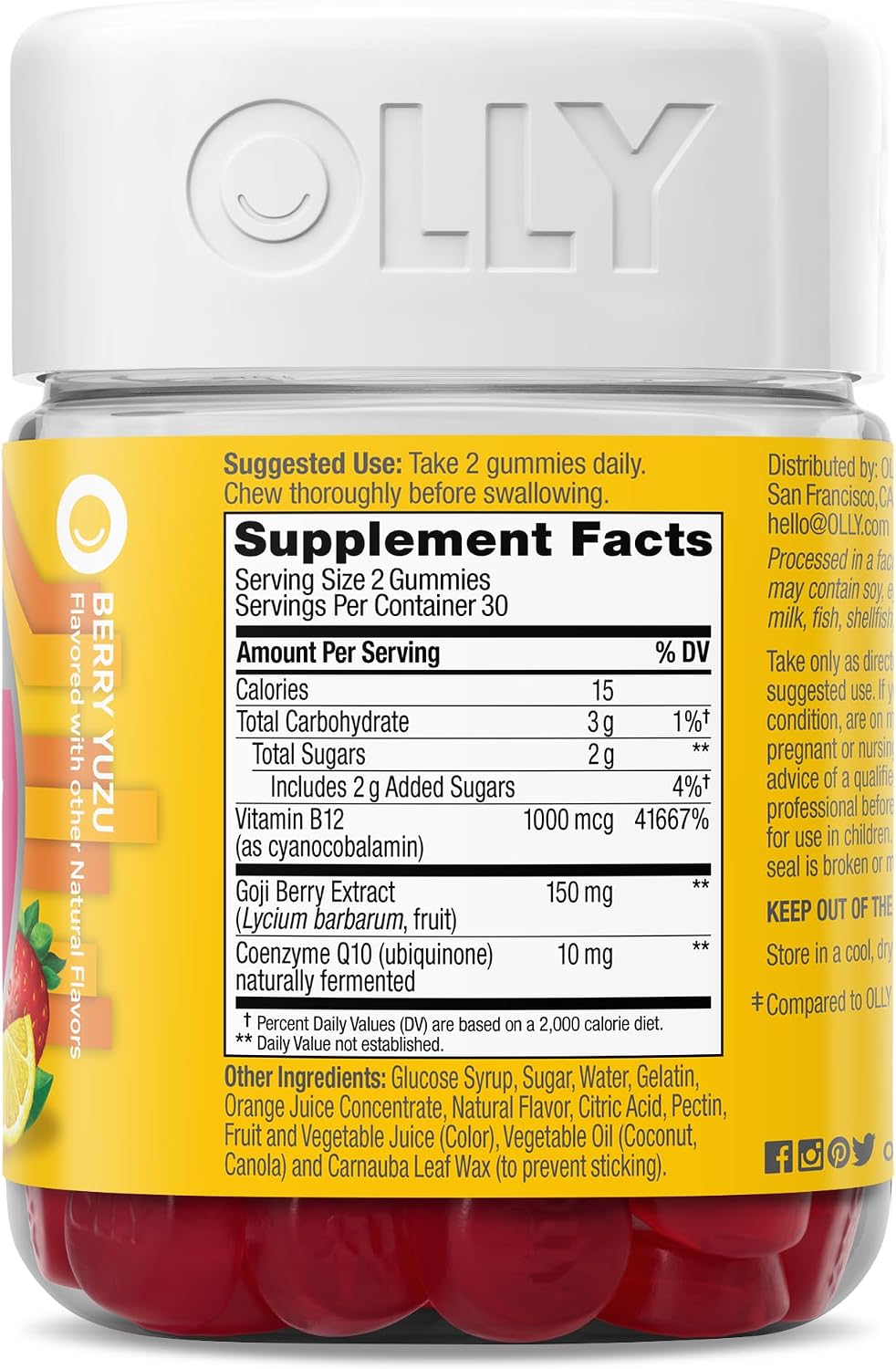 OLLY Extra Strength Daily Energy Gummy, sin cafeína, 1000 mcg de vi...