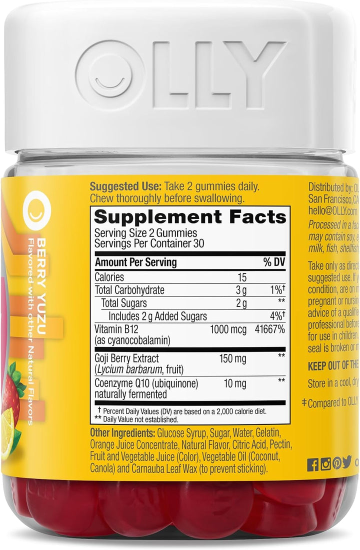 OLLY Extra Strength Daily Energy Gummy, sin cafeína, 1000 mcg de vi...