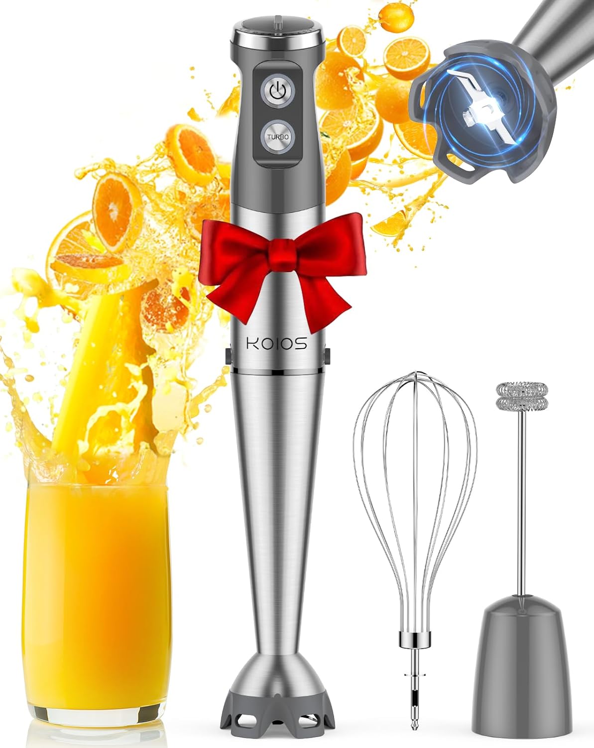 KOIOS - Batidora de inmersión de 1000W, 3 en 1, batidora de mano antiarañazos, batidora de palo de acero inoxidable mejorada de 12 velocidades con modo turbo, batidora y espumador de leche, sin BPA