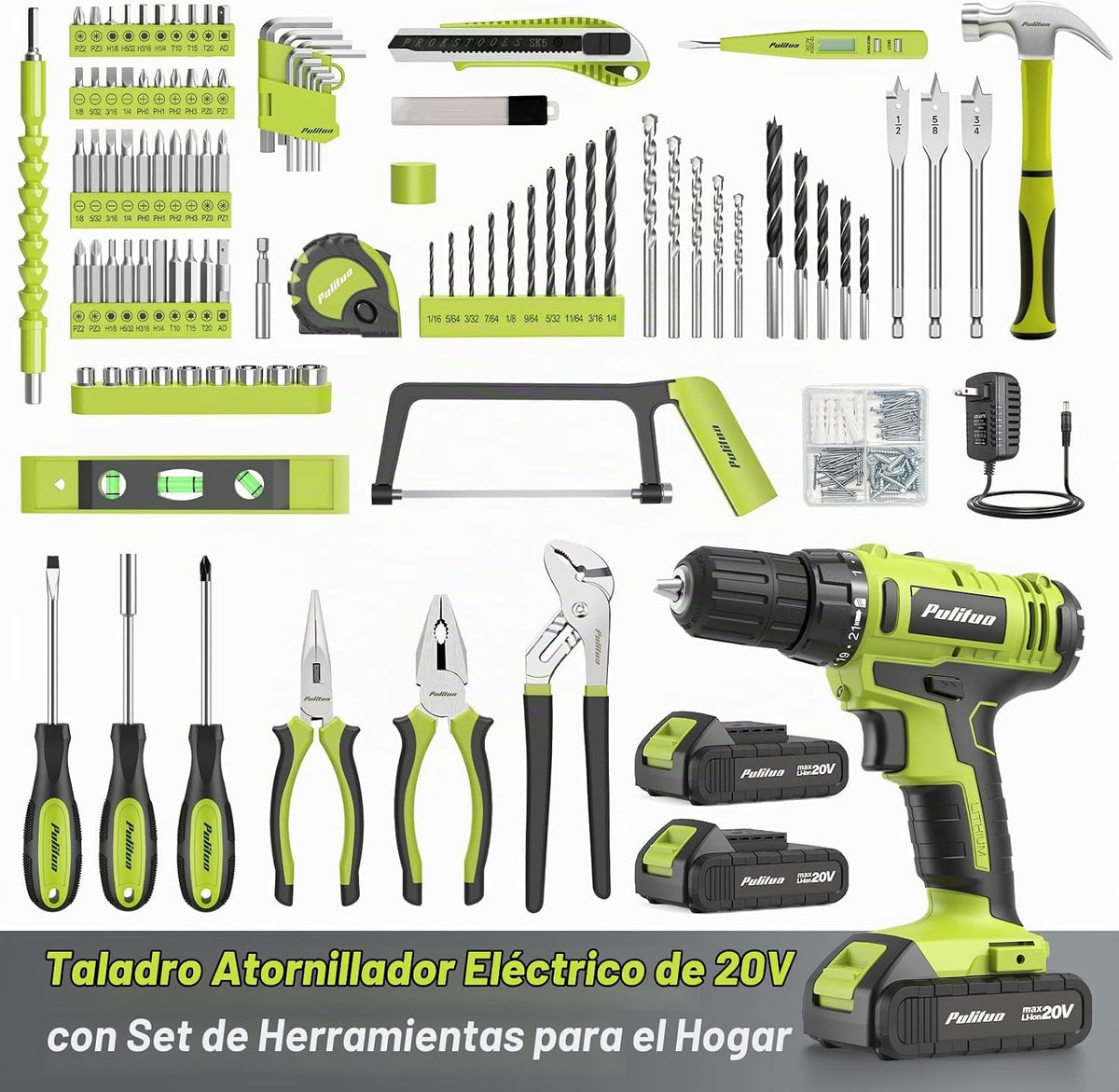 PULITUO Juego de herramientas eléctricas de 199 piezas con destornillador inalámbrico de 20 V, destornillador eléctrico, 2 baterías, cargador, luz LED y caja de herramientas, juego de taladro para el