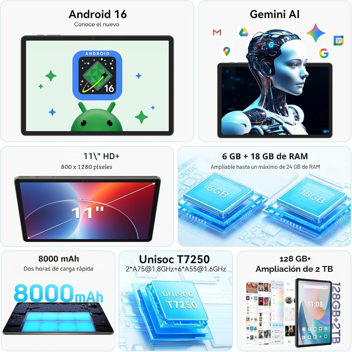 Tablet de 11 pulgadas, Android 16 Tablet con Gemini AI, 24 (6+128)...