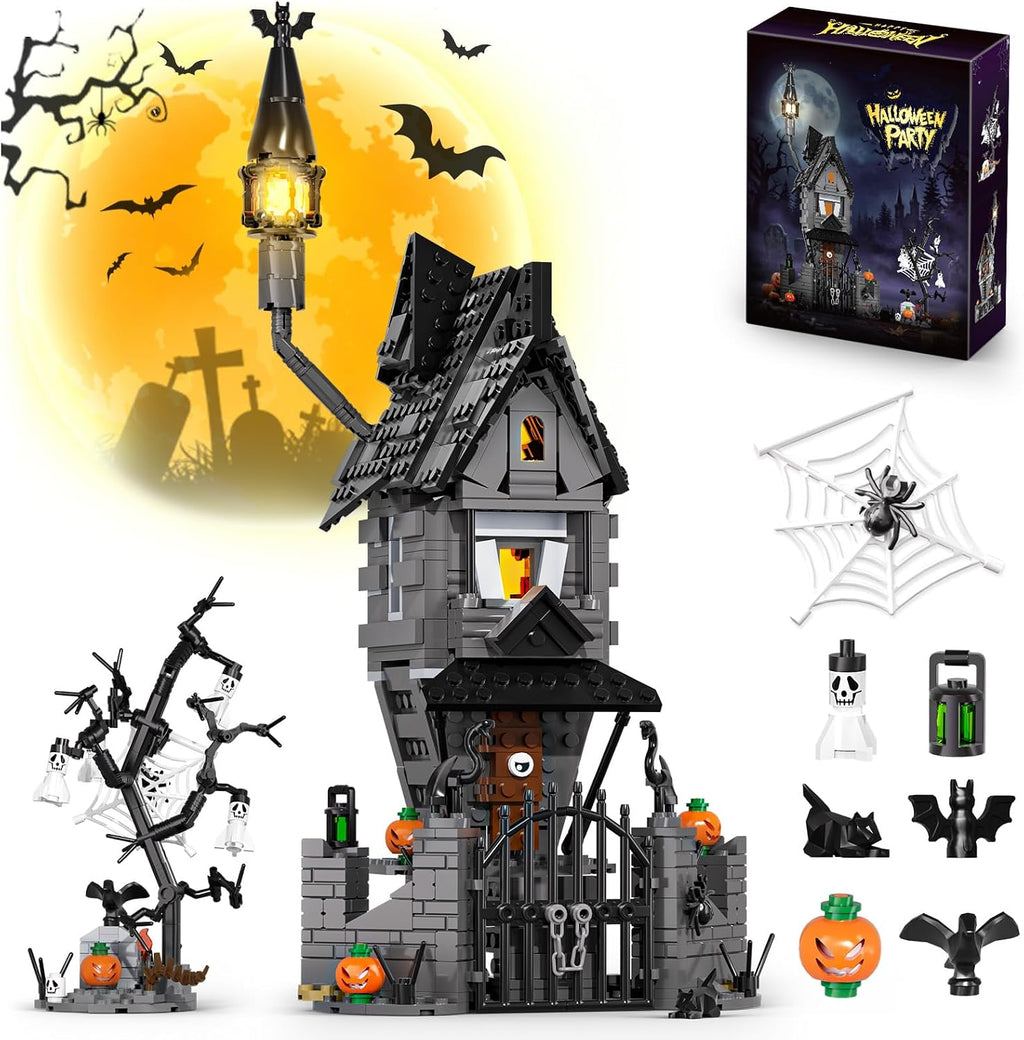 Juego de construcción de mansión embrujada de Halloween 2026, juego de bloques de construcción de casa embrujada antes de Navidad, calabazas que brillan en la oscuridad y fantasmas esqueléticos