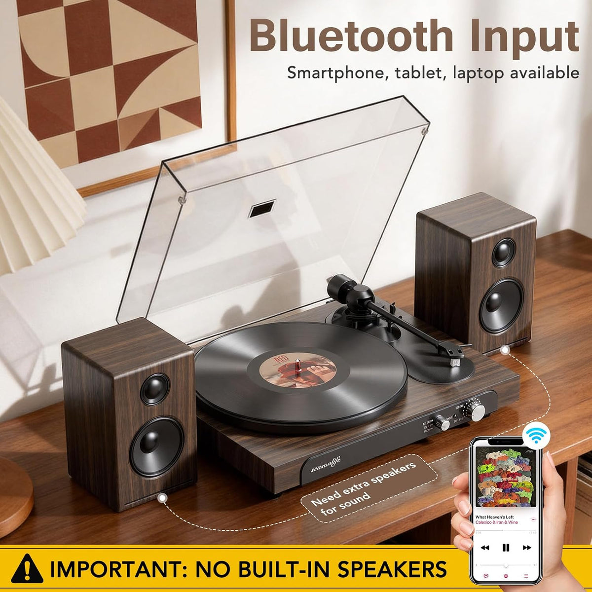Seasonlife® Tocadiscos inalámbrico de entrada y salida, reproductor de vinilo de alta fidelidad con contrapeso ajustable y antideslizante, preamplificador de teléfono integrado, cartucho AT-3600L para