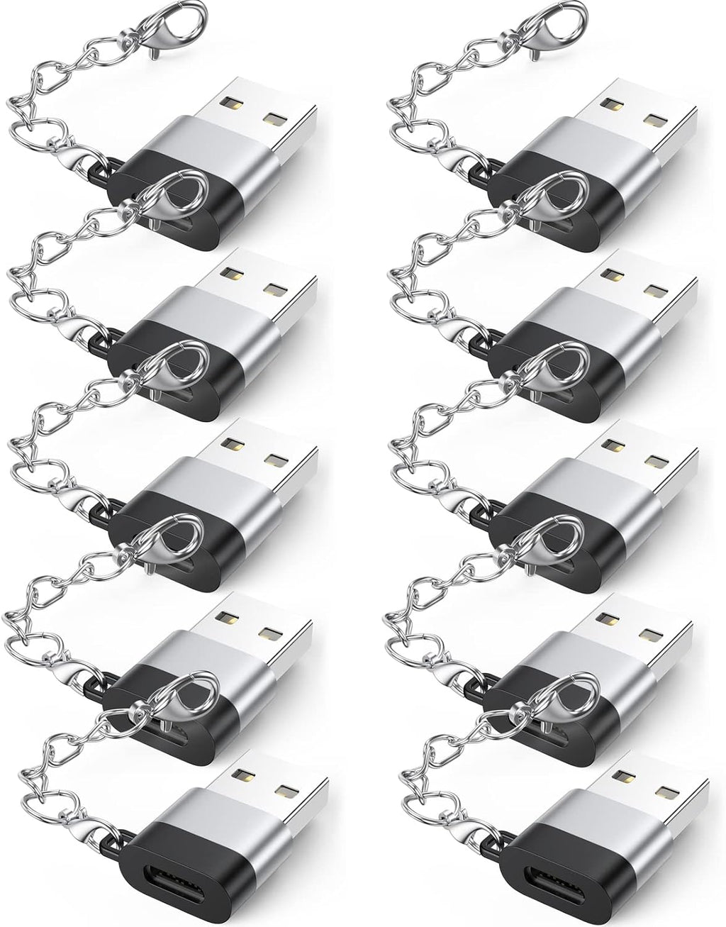 Adaptador USB A a USB C, paquete de 10 con llavero, carga de 18 W, transferencia de 480 Mbps