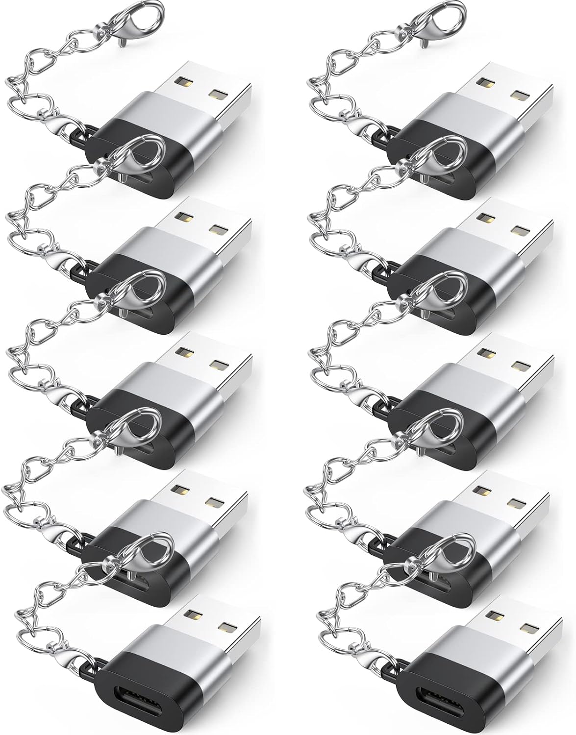 Adaptador USB A a USB C, paquete de 10 con llavero, carga de 18 W, transferencia de 480 Mbps