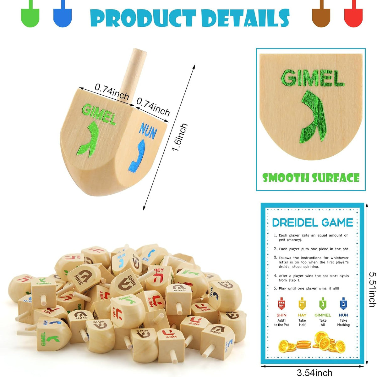 Wettarn 100 piezas de dreidels de Hanukkah a granel Dreidels de madera de Hanukkah con tarjetas de instrucciones del juego para el juego de fiesta (Tamaño 1, estilo clásico)