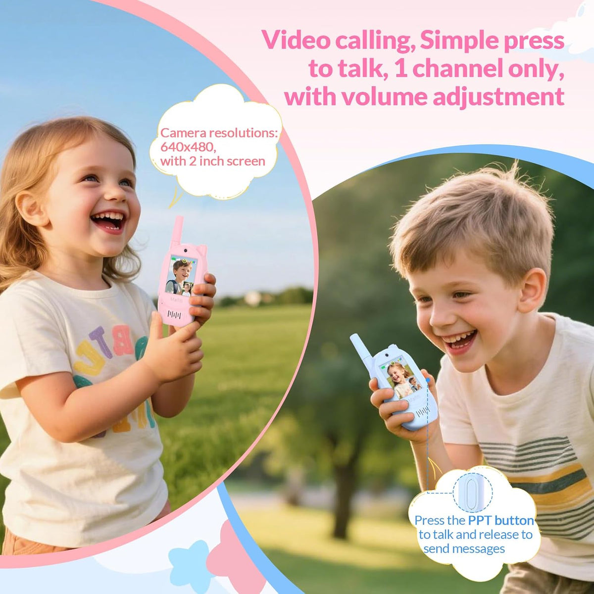 Mafiti Walkie Talkies de video para niños, paquete de 2 juguetes recargables de 1000 pies de largo alcance, regalos de cumpleaños para niños y niñas de 3, 4, 5, 6, 7, 8 años (azul + rosa)