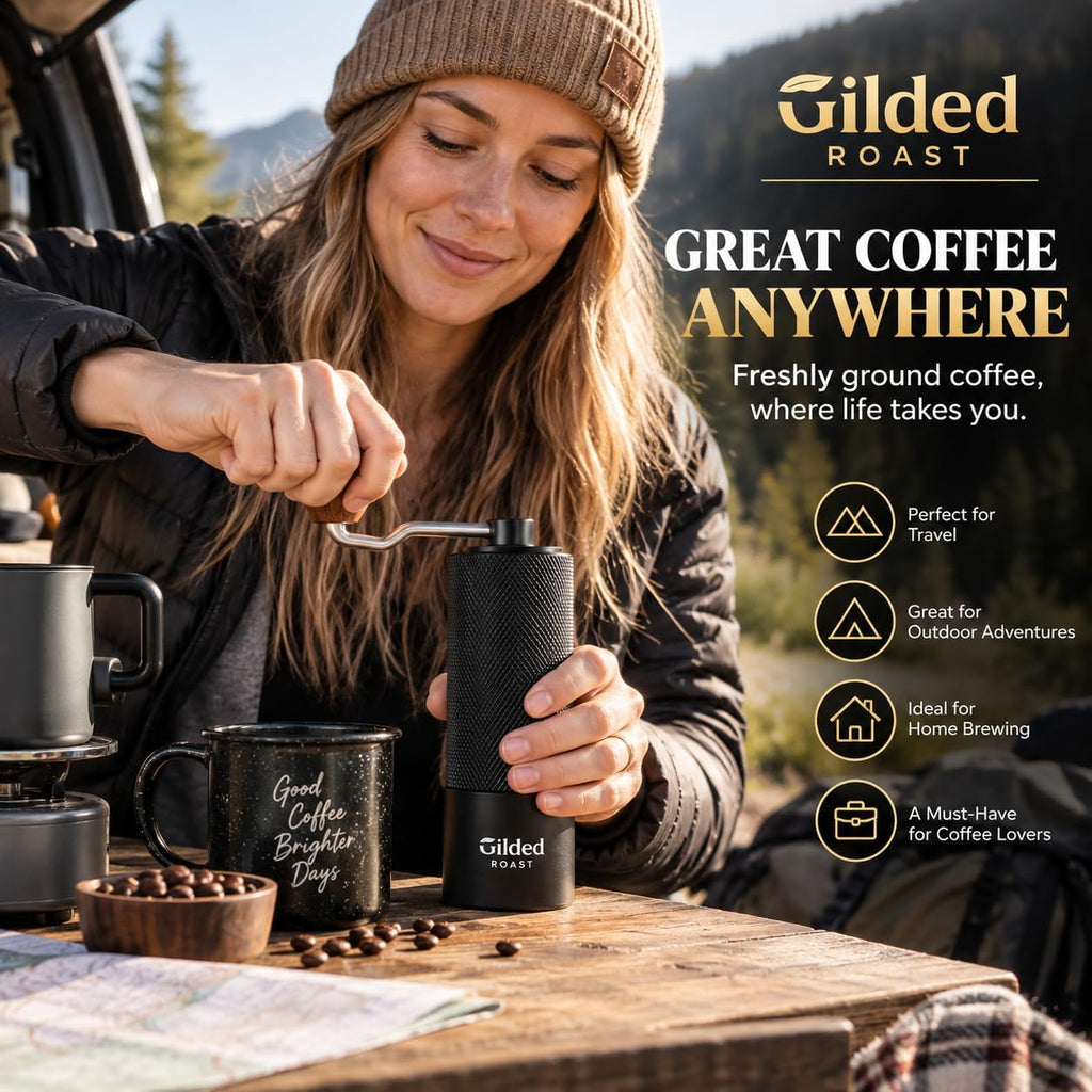 Molinillo de café manual con cepillo de limpieza y tamaño de molienda ajustable, rebabas de acero inoxidable, cuerpo de aleación de aluminio, capacidad de 0.88 oz