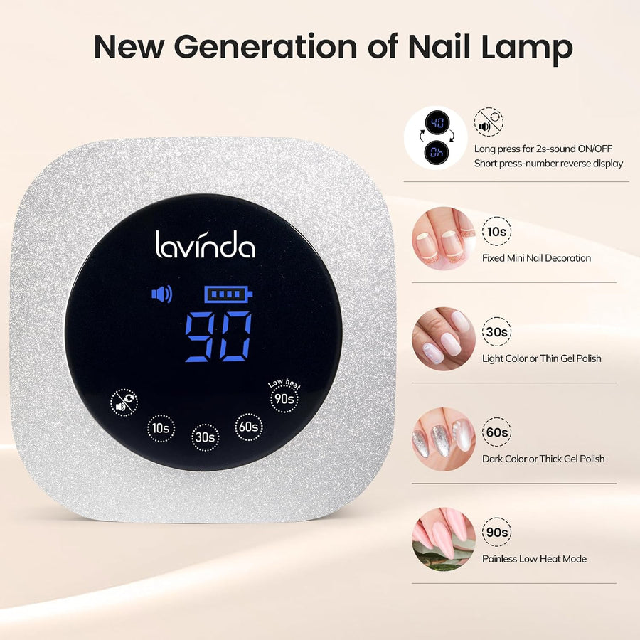 Lavinda Lámpara de uñas LED UV de 54W, secador de uñas inalámbrico...