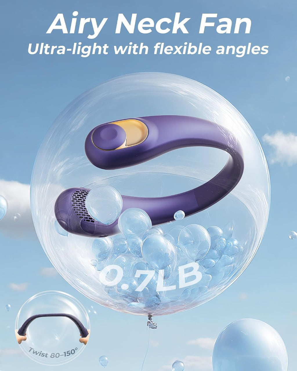 TUNISE Ventilador de cuello, ventilador personal con pantalla LED, recargable USB-C, batería de 4000 mAh, ajuste de 3 velocidades y funcionamiento silencioso, perfecto para el hogar, viajes, deportes