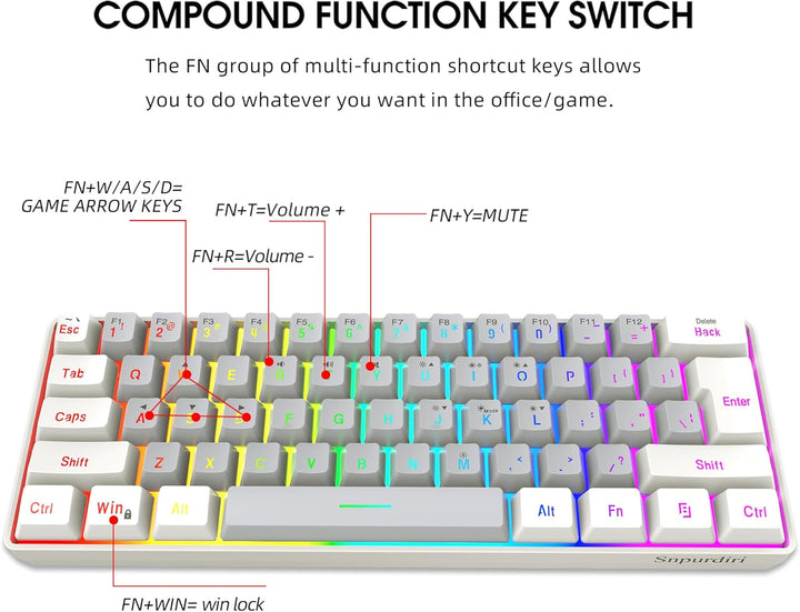 Snpurdiri - Teclado para videojuegos 60% con cable, pequeño, ultra...