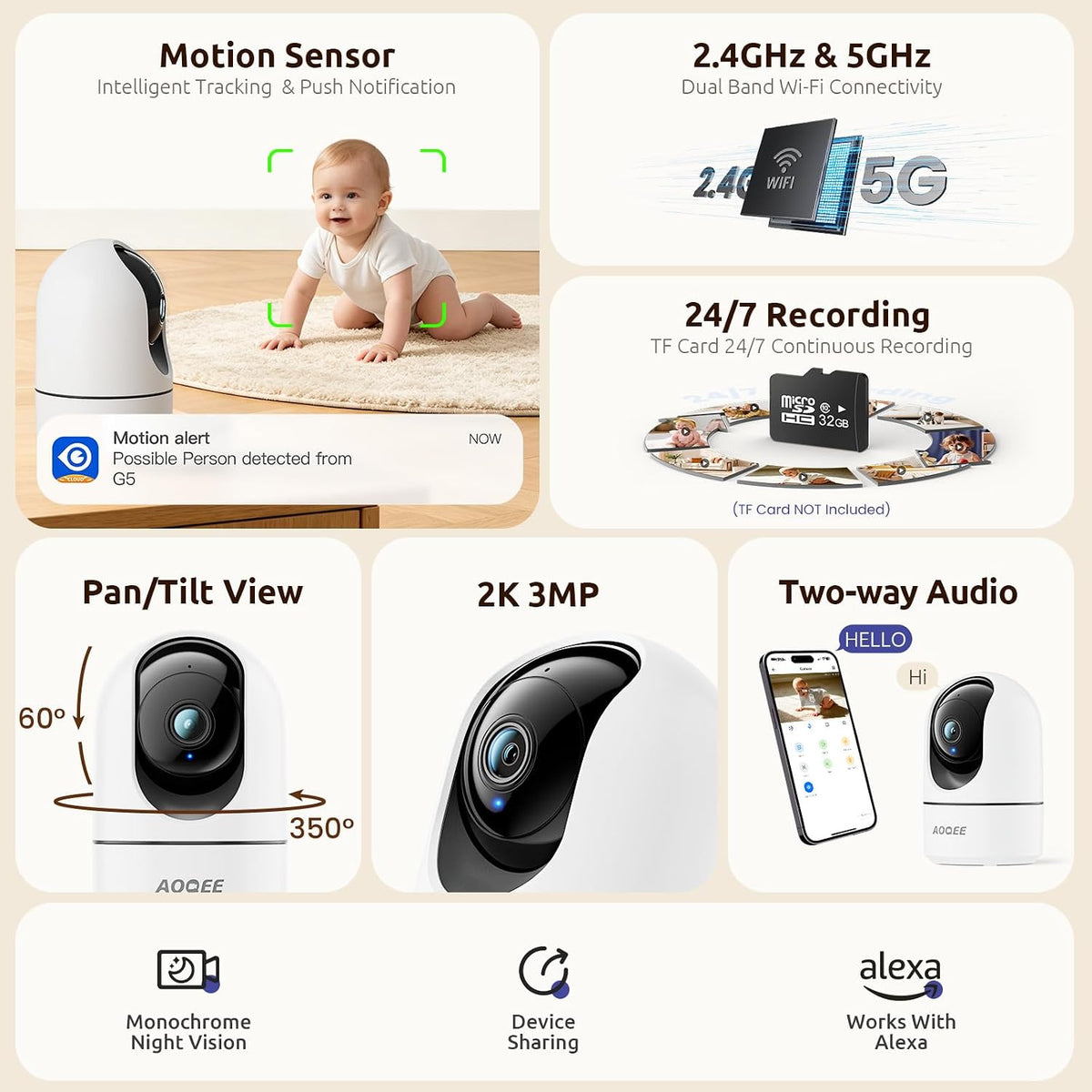 AOQEE Cámaras 5G para seguridad en el hogar interior, monitor de mascotas