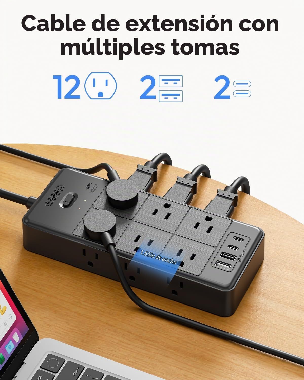 NTONPOWER - Protector de sobretensiones de 20 pies, cable de extensión largo con 12 tomas de corriente y 4 puertos USB (2 USB C), extensor de salida múltiple de 3 lados