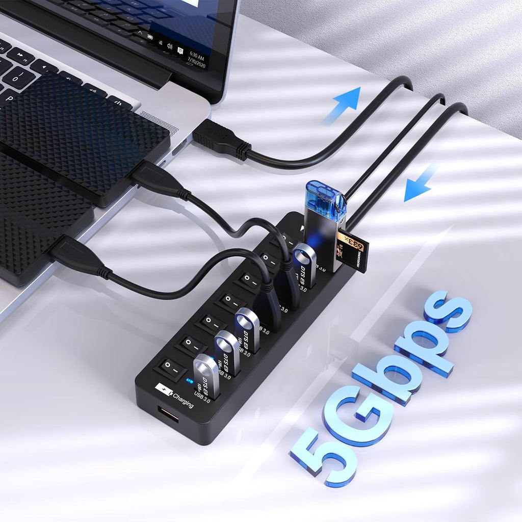 VEMONT, USB-3030, hub USB 3.0 de 7 puertos, alimentado, con puerto de carga inteligente, adaptador 5V/3A