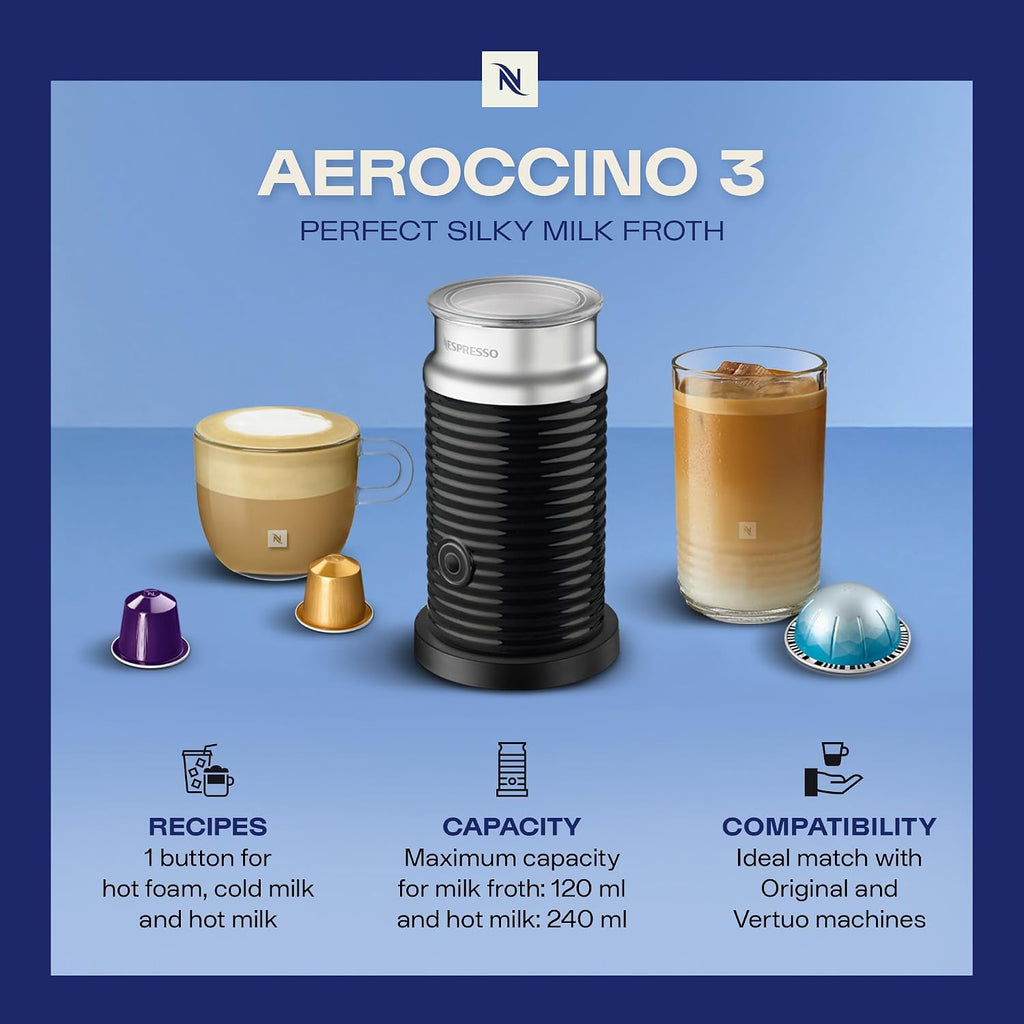 Nespresso Aeroccino 3 Espumador de Leche, Negro, Acero