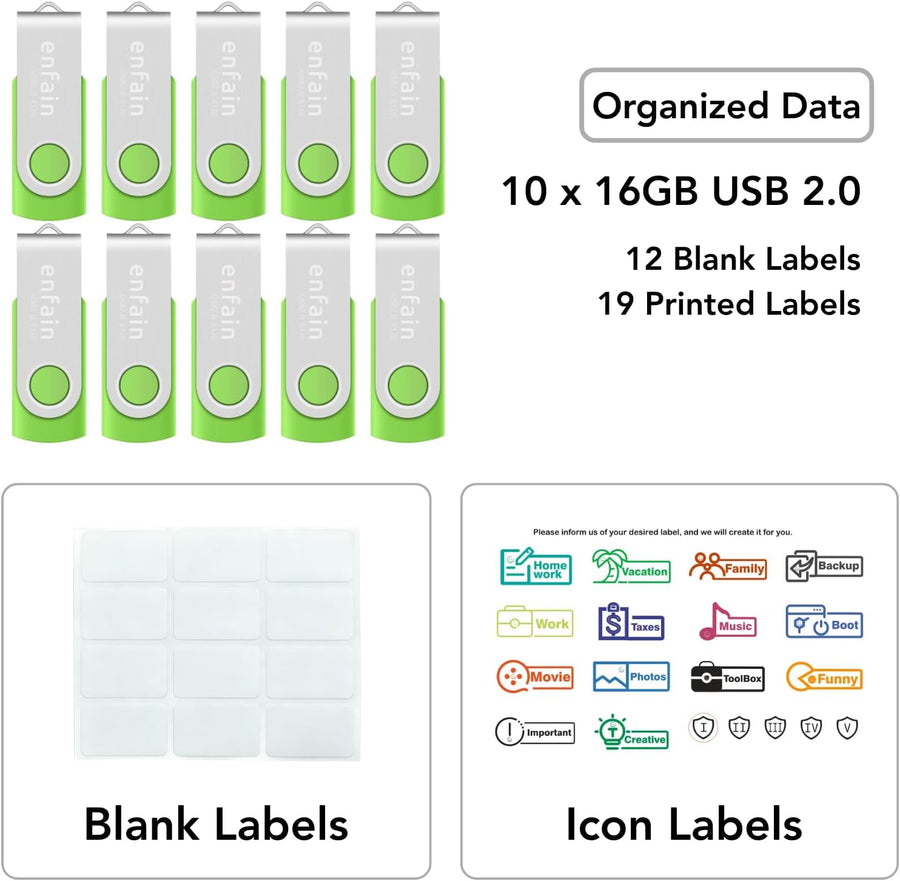 10 X Enfain Unidad Flash USB 2.0 de 16GB Memoria Zip Pen Disk Verde...