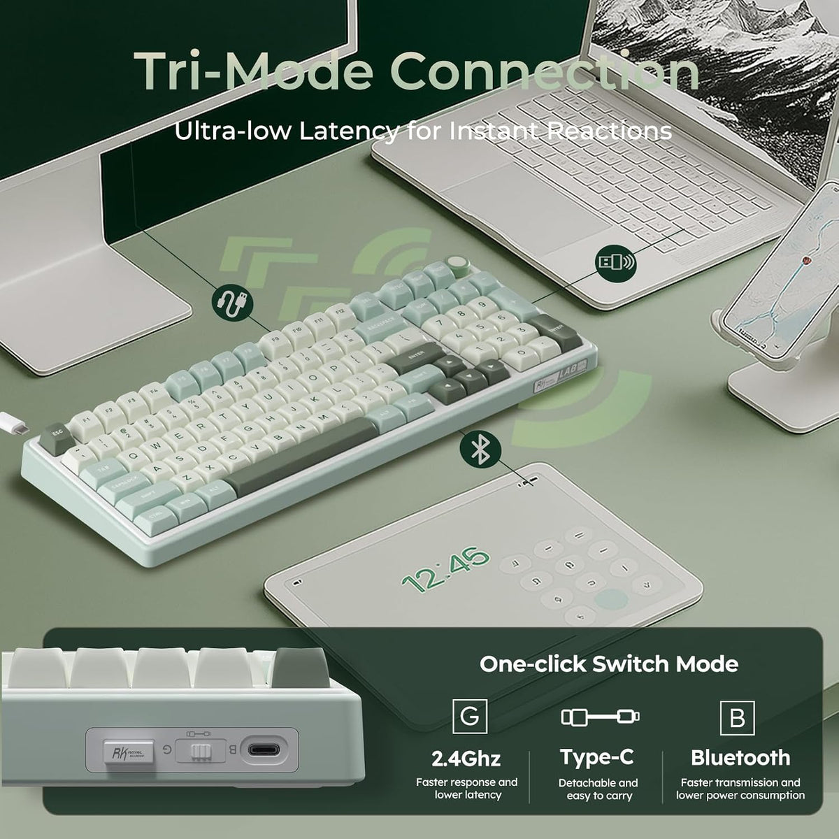 RK ROYAL KLUDGE R98 Pro - Teclado mecánico inalámbrico, teclado cremoso Bluetooth/2.4GHz/RGB con cable para juegos con teclado numérico y perilla, teclas PBT de perfil MDA, interruptor táctil intercambiable en caliente, cian