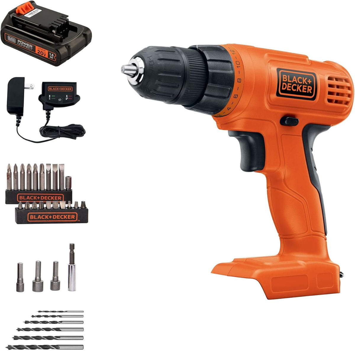 BLACK+DECKER 20V MAX POWERCONNECT - Taladro eléctrico inalámbrico con juego de brocas de 30 piezas y kit de controladores, batería y cargador incluidos (LD120VA)