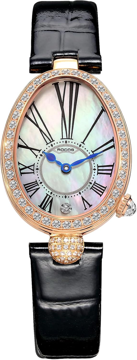 ROCOSJEWE R0233 Reloj Vintage de Lujo para Mujer — Reloj Ovalado para Dama, Números Románicos Irregulares, Caja en Oro Rosa, Correa de Cuero Marrón Oscuro/Negro, Resistente al Agua, Relojes de Moda para Mujer de Vestir