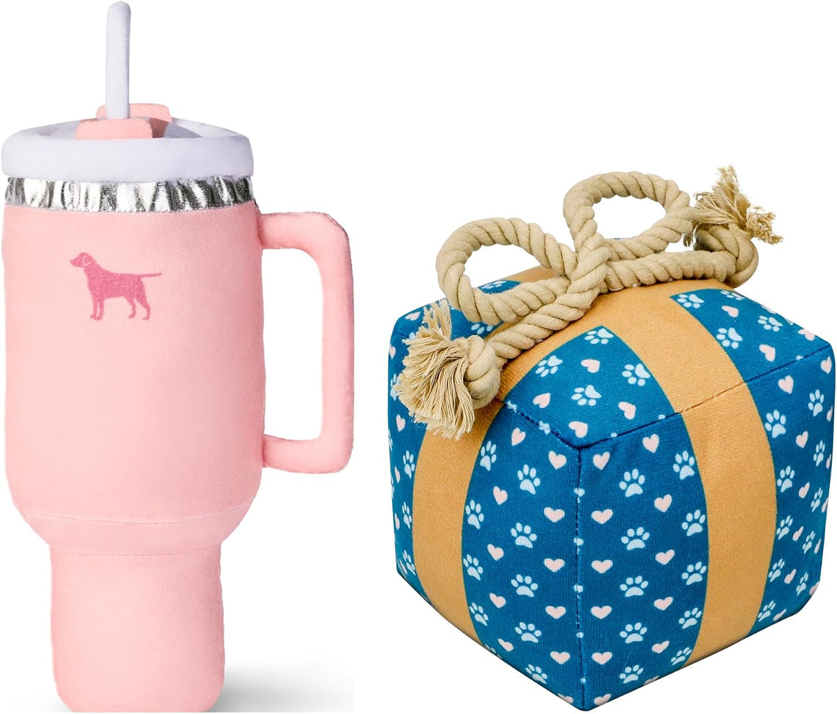 PUPROAR Vaso y caja de regalo de cumpleaños, paquete de juguetes para perros, juguetes ideales para cumpleaños, chirriante y felpa