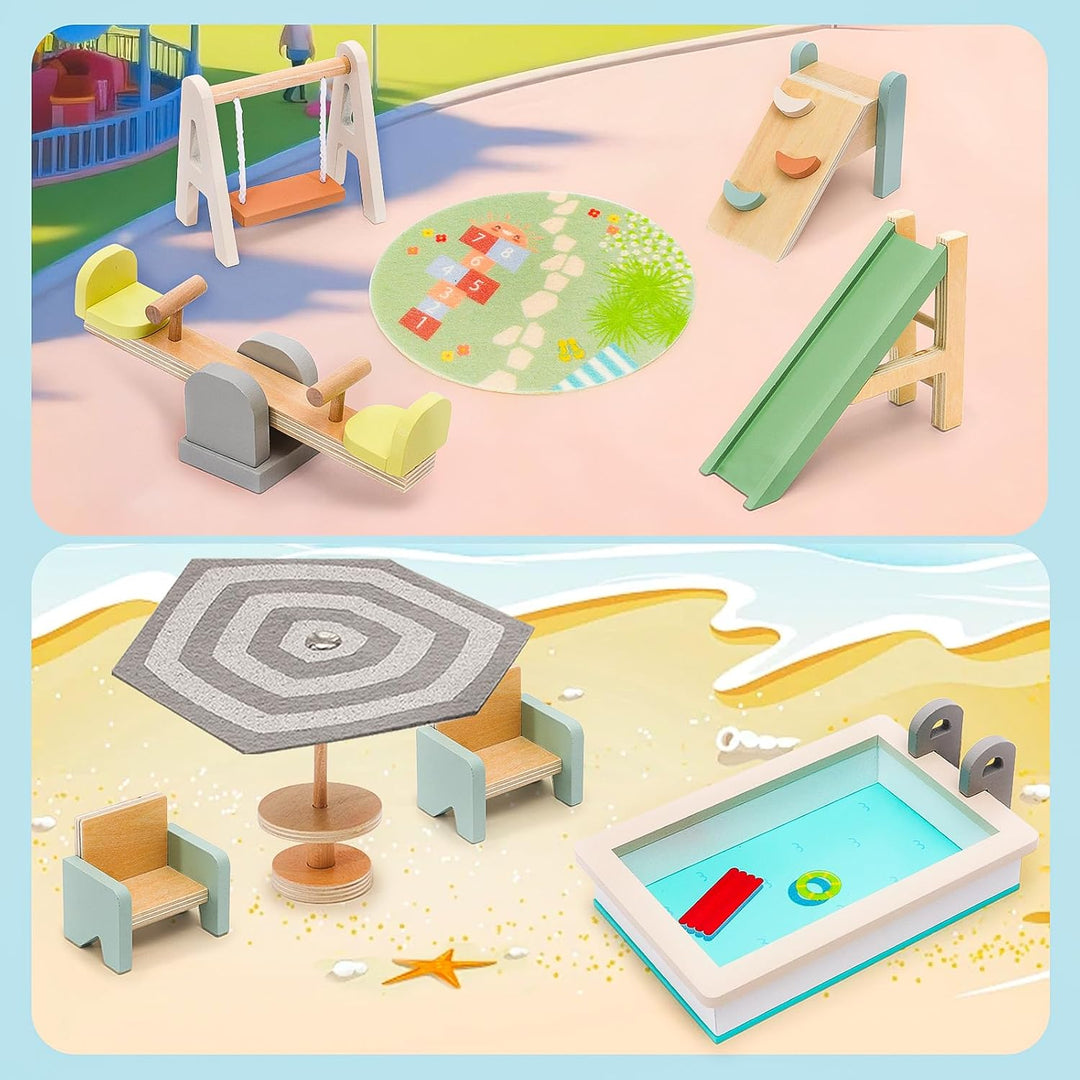 HAPGFS Casa de muñecas de madera, muebles y accesorios para exterio...