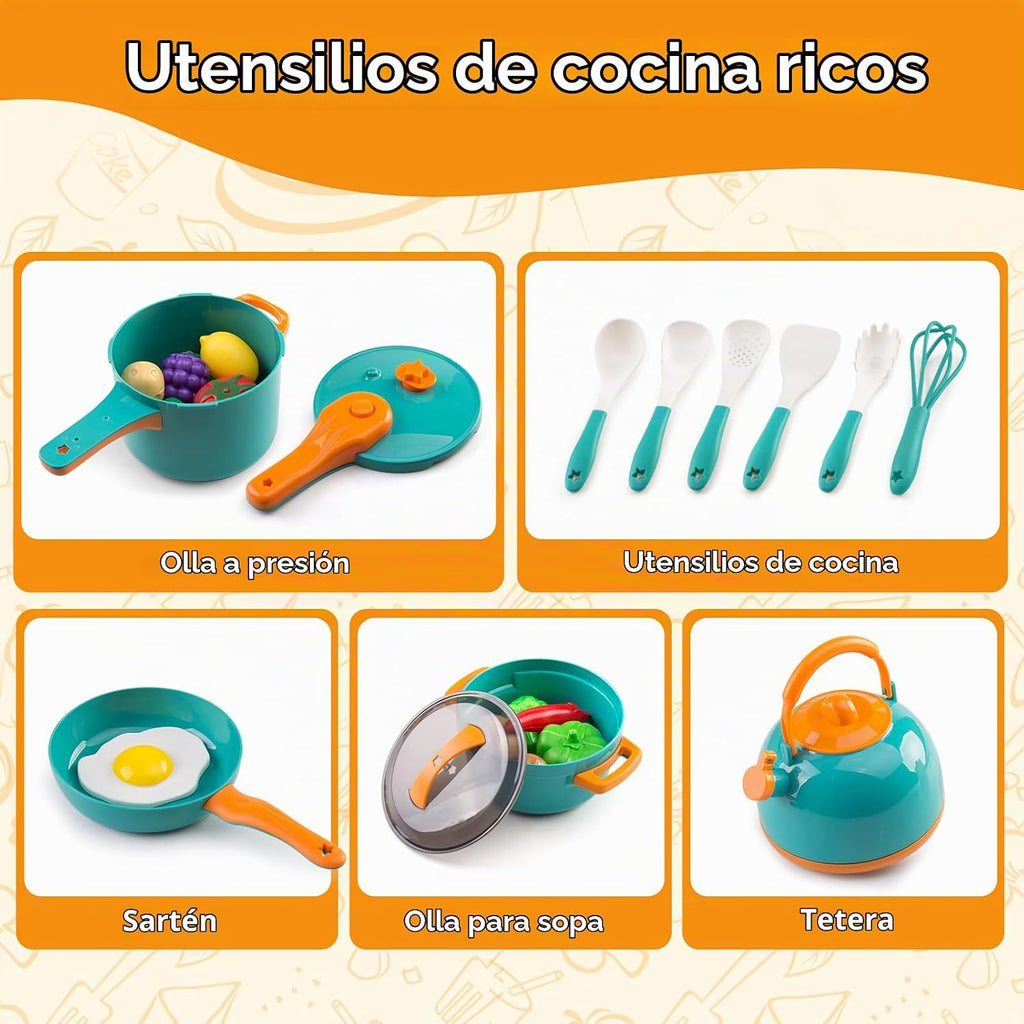120 piezas Accesorios de Mini Cocina de Juego, Set de Juego de Cocina Infantil con Postres, Verduras Cortables y BBQ y Cesta de Almacenamiento, Regalo Educativo para Niños Pequeños, Niño, Verde