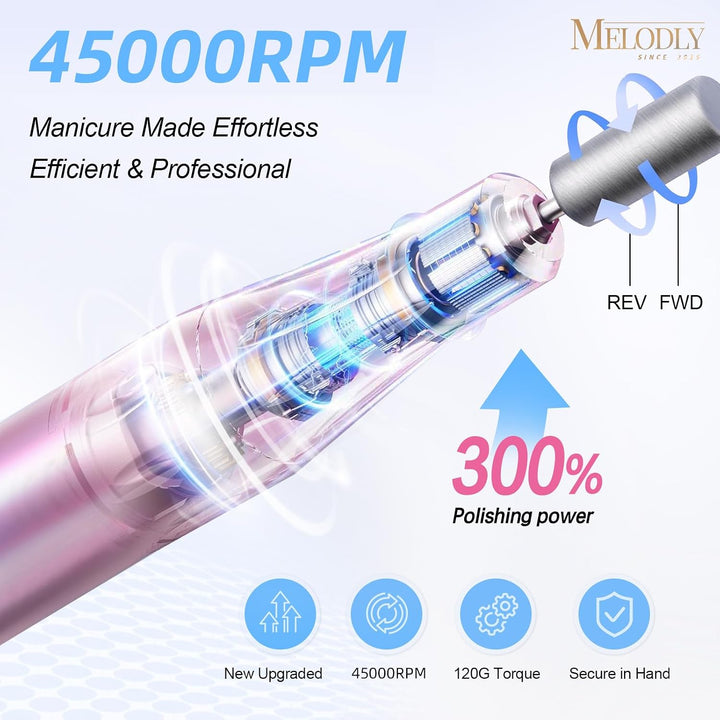 Melodly - Taladro de uñas eléctrico profesional de 45000 RPM, kit d...