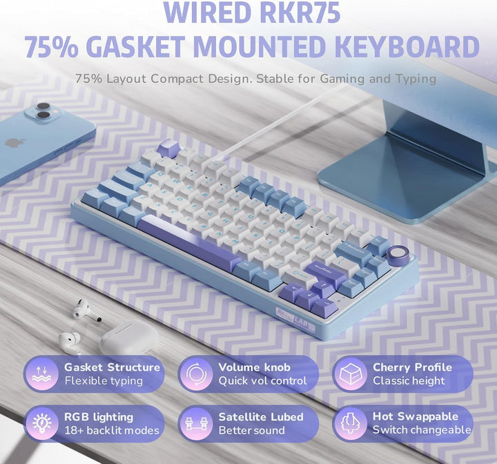 RK ROYAL KLUDGE Teclado Mecánico R75 Cableado con Perilla de Volume...