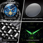 OLEVS Reloj de caballero lujo cronógrafo acero inoxidable pulsera vestimenta impermeable reloj analógico de cuarzo gran esfera luminosa