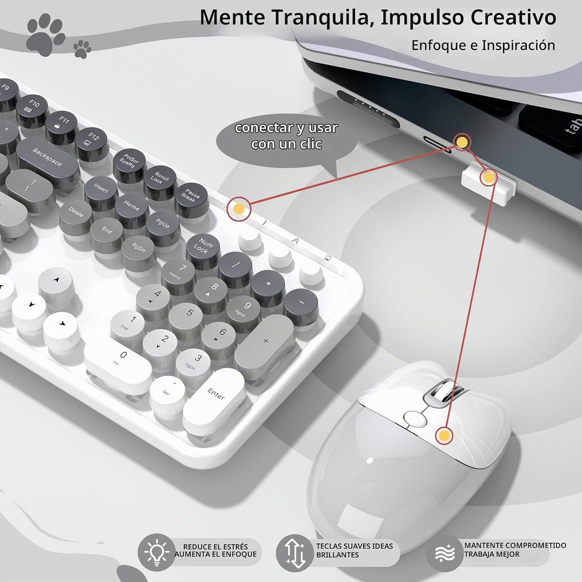 Teclado y ratón inalámbricos cremosos, MOFII 104 teclas redondas de...