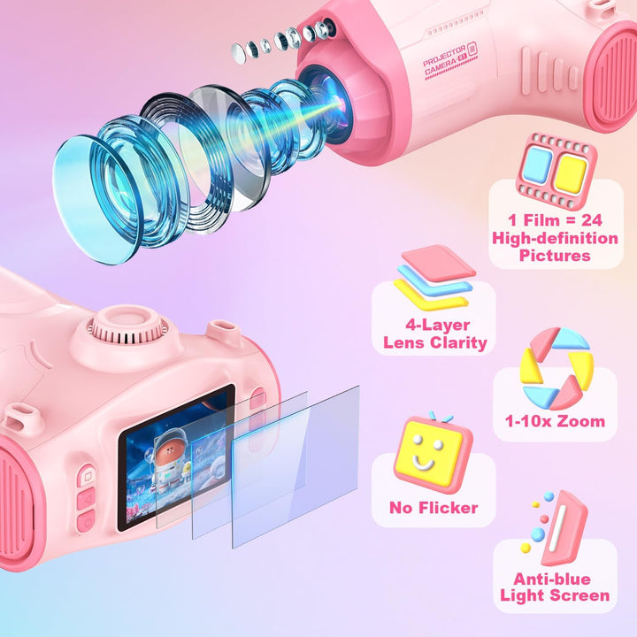 Uffylle Cámara para niños con proyector, selfie de pantalla grande...