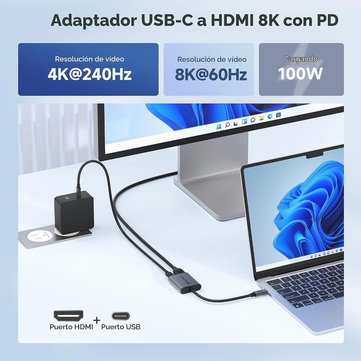 Cable Matters Adaptador USB C a HDMI 2.1 de 48 Gbps con carga de 100 W