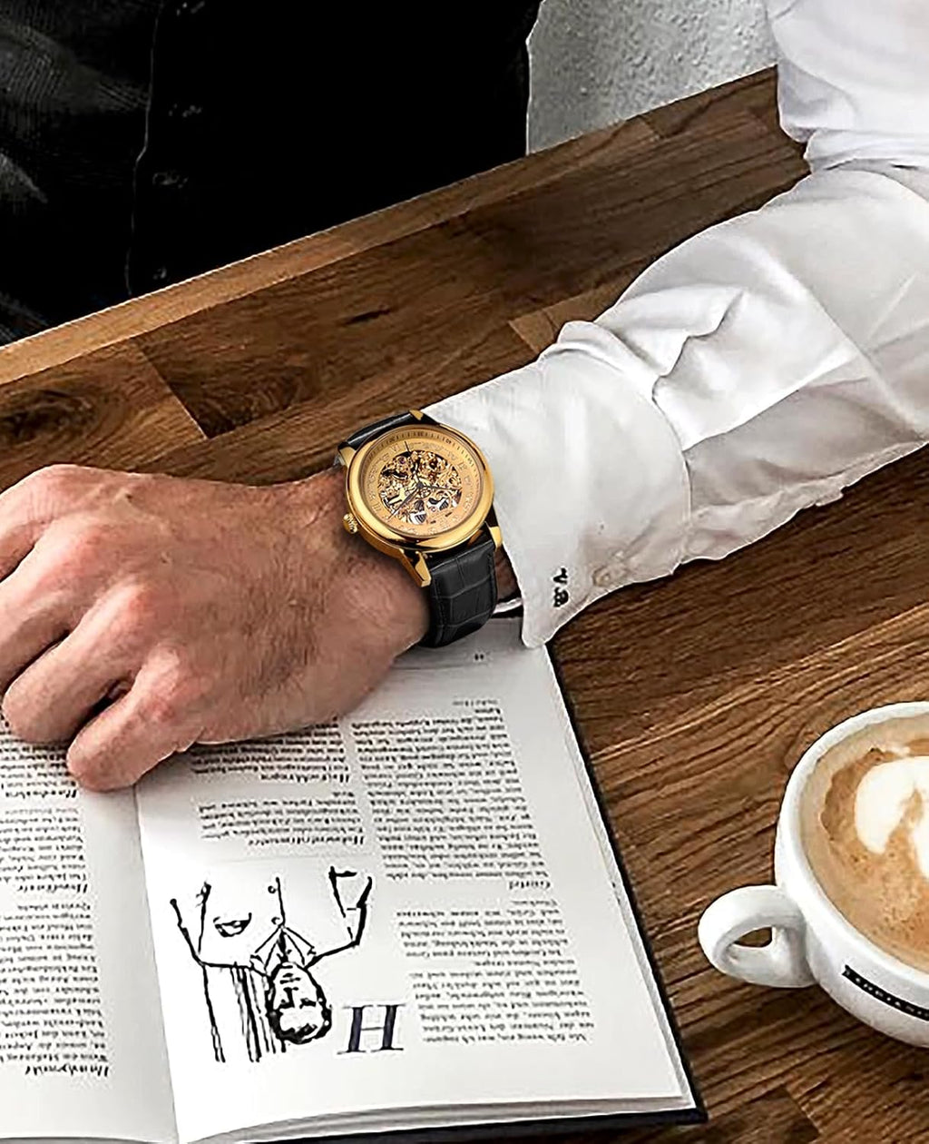 ROCOSJEWE R0106 Reloj Automático para Hombres – Esqueleto de Dial en Oro de Lujo, Reloj Mecánico de Gran Reserva Automático, Reloj de Moda para Hombre, Reloj con Correa de Cuero Negra/Marrón, Resistente al Agua, Regalo para Hombres