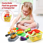 Juego de accesorios de cocina para niños, juego de 32 artículos de ollas y sartenes de acero inoxidable con organizador de estante, utensilios de cocina de metal y delantal, comida de juego con cesta