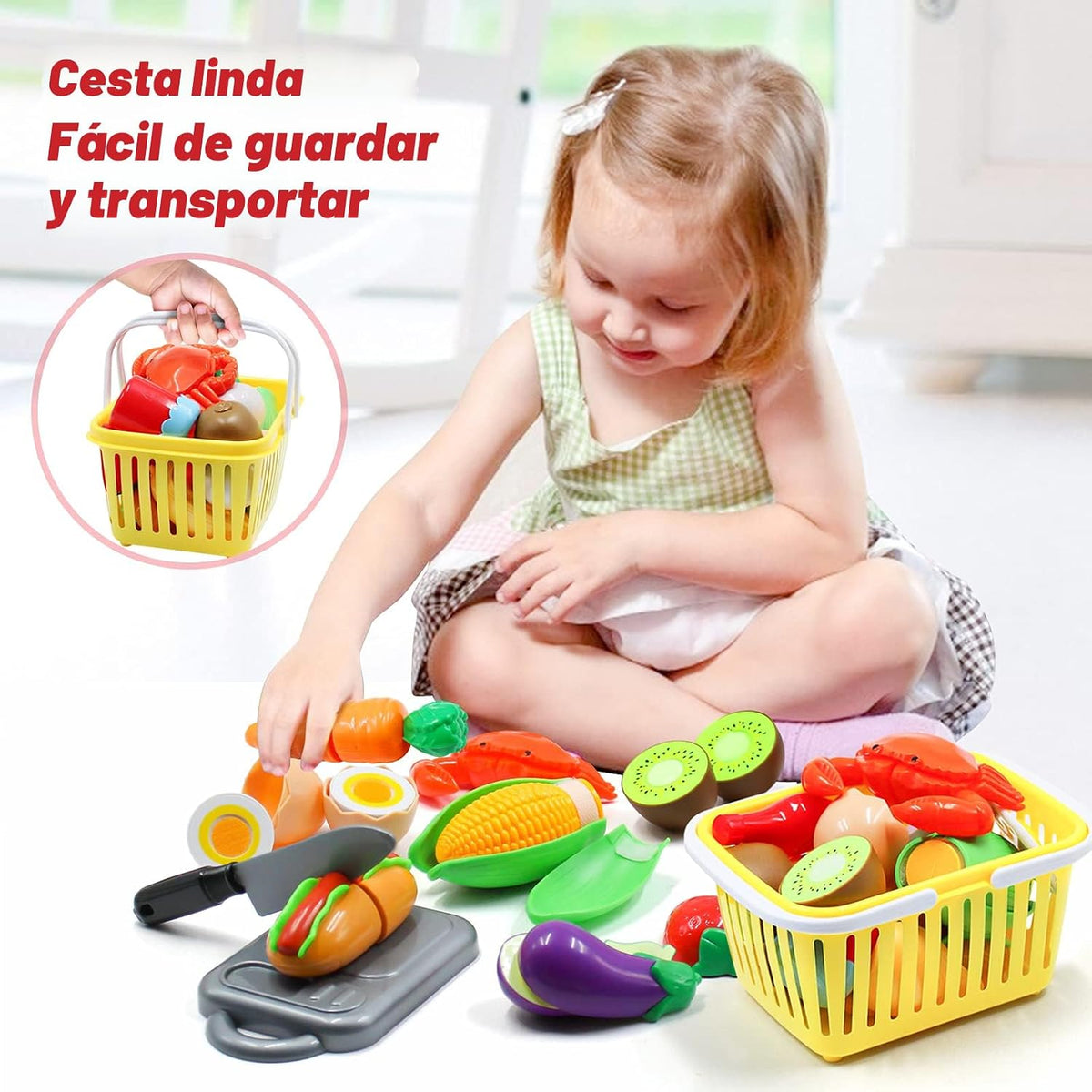 Juego de accesorios de cocina para niños, juego de 32 artículos de ollas y sartenes de acero inoxidable con organizador de estante, utensilios de cocina de metal y delantal, comida de juego con cesta